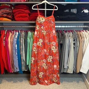 B•O•G Collective red/tan floral adjustable strap smocked 2 pocket maxi dress M